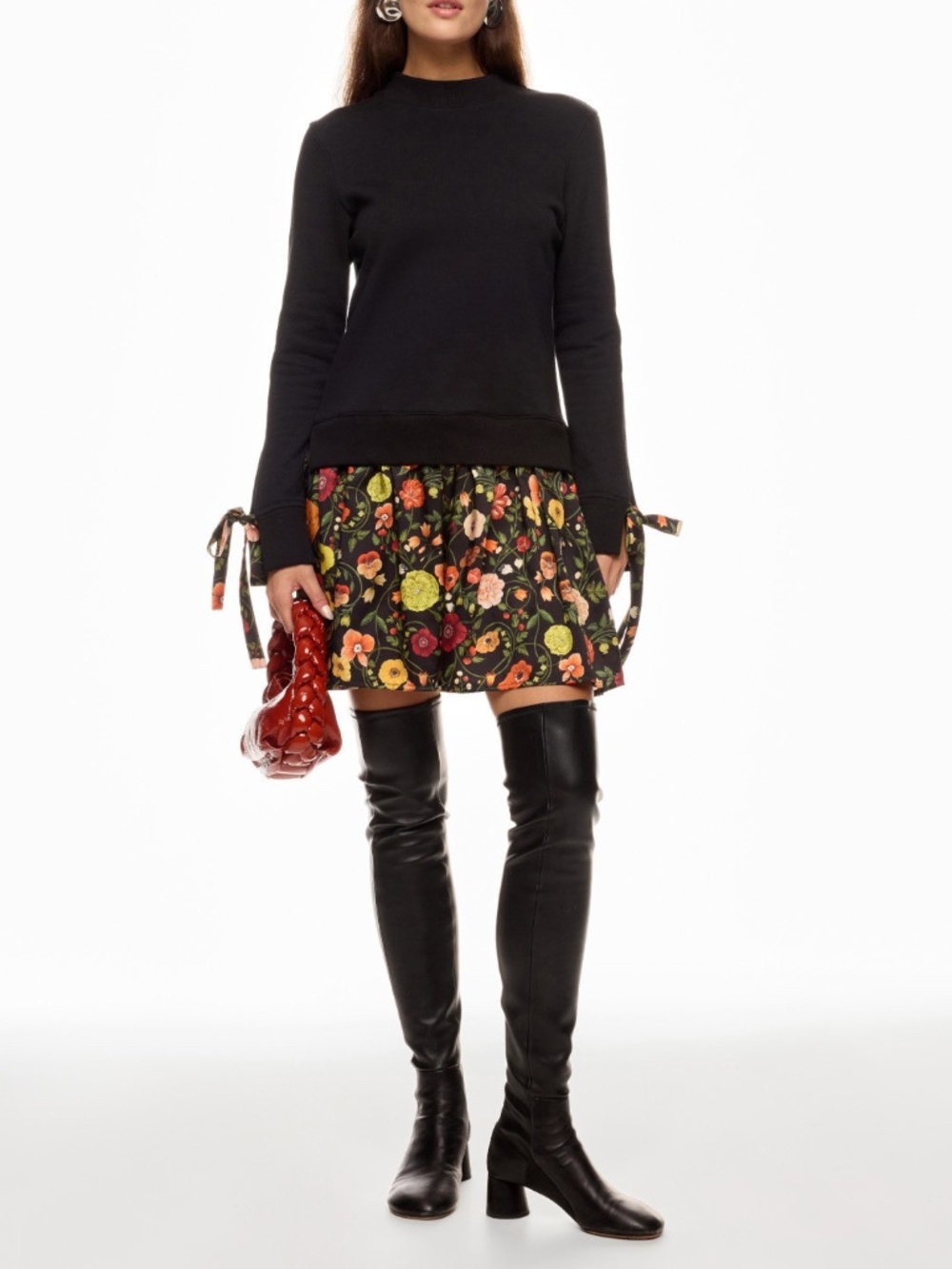 La DoubleJ Mixed Media Sweater Dress in Black and Floral